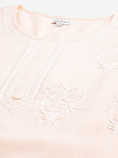 Peach Self Striped Kurta with Off-White Embroidery