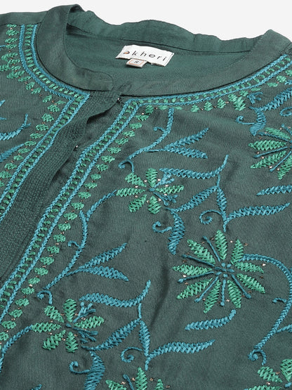 Bottle Green Embroidered Poly Silk Kurta