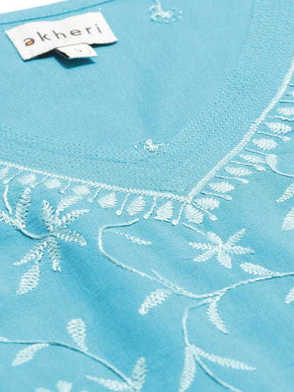 Blue V-neck Chikankari Top