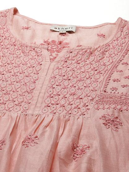 Rose Pink Chikankari Gathered Long Kurta