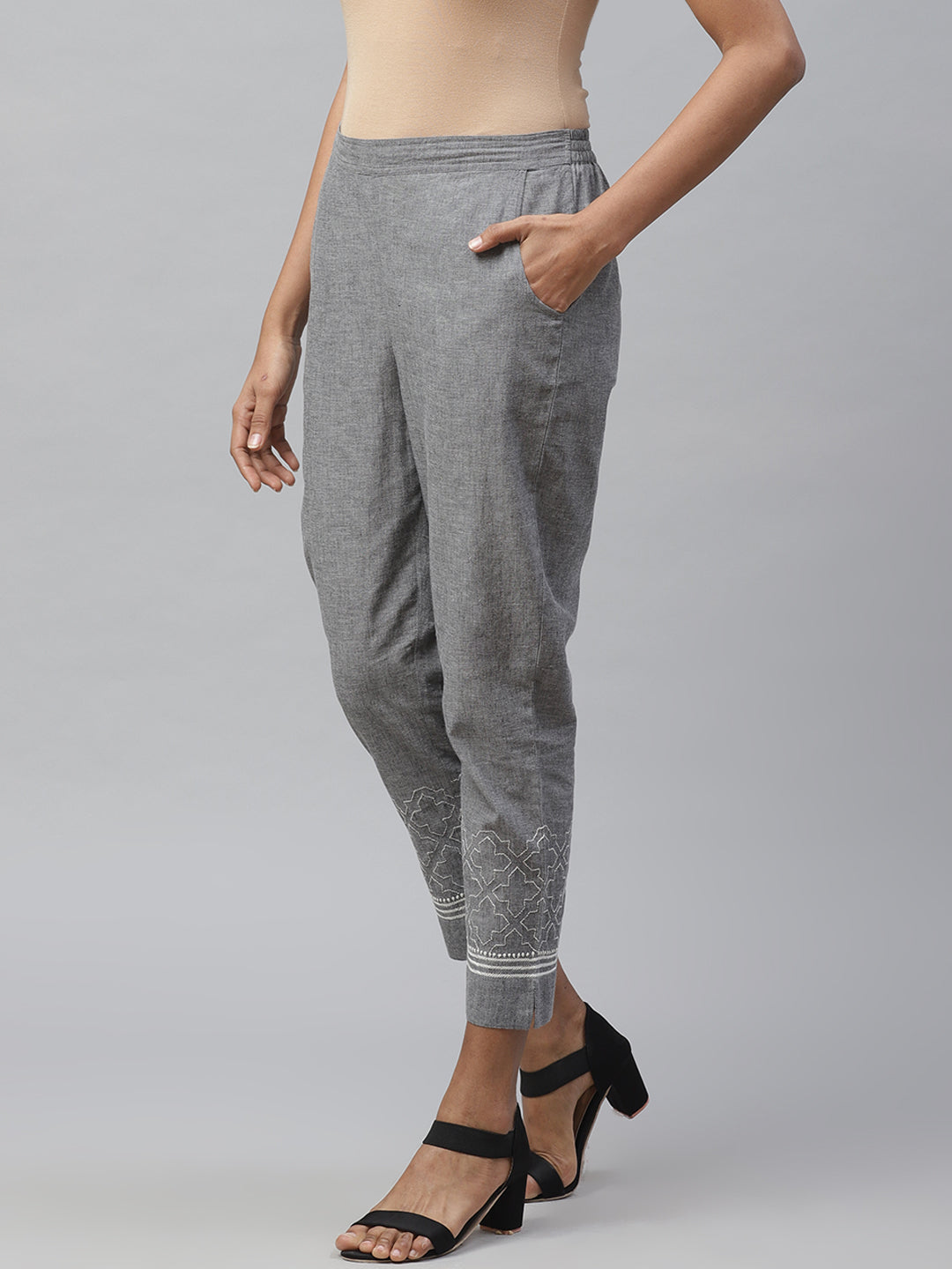 Grey Cropped Chikankari Trousers