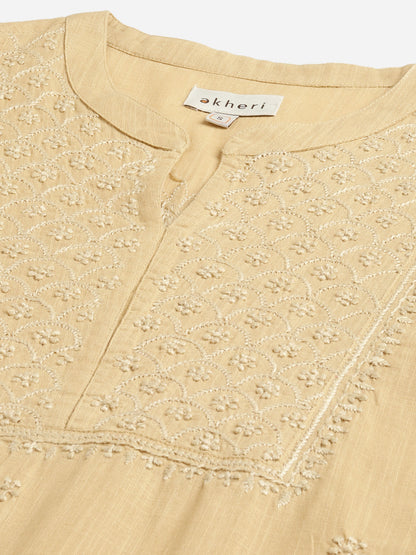 Beige Cotton Chikankari Straight Kurta