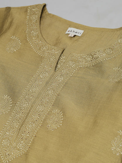 Olive Chanderi Silk Embroidered Kurta