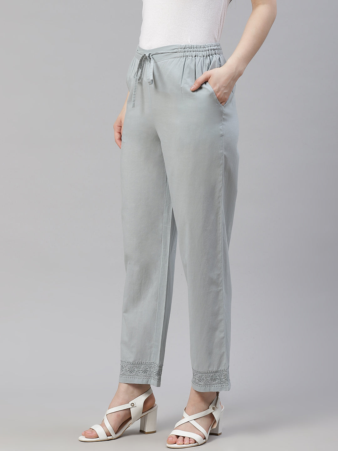 Grey Cotton Chikankari Pants