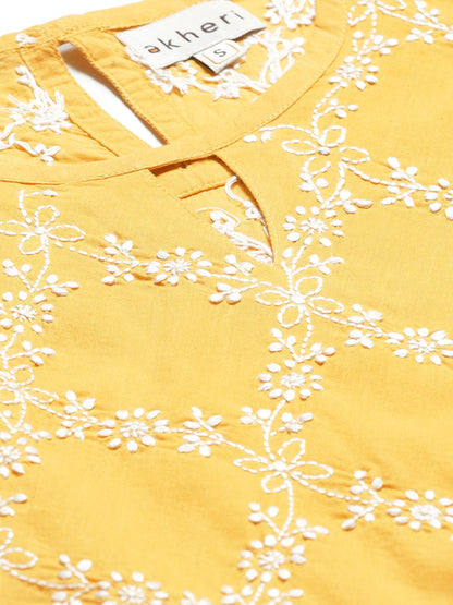 Yellow Sleeveless Chikankari A-Line Top