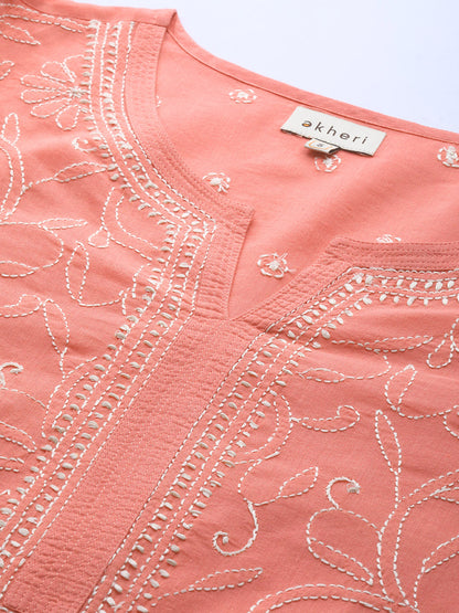 Peach Round Hem Kurta with All-Over Embroidery
