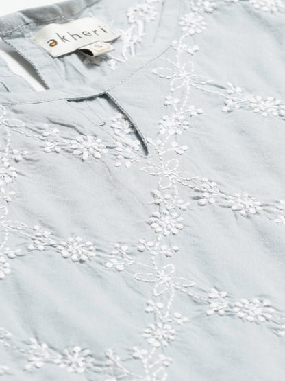Grey Sleeveless A-Line Chikankari Top