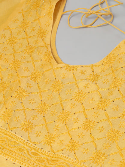 Yellow Chikankari Silk A-Line Kurta