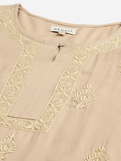 Beige Chikankari Kurta with Pockets