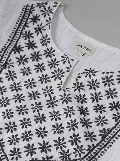 White Ikat Chikankari Straight Kurta