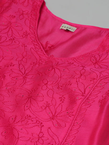 Magenta Embroidered Chanderi Anarkali Kurta
