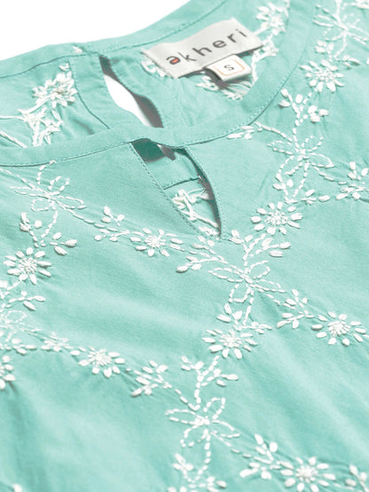 Blue Sleeveless A-Line Top with White Phanda Jaal