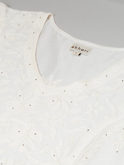 Off-White Chikankari Silk A-Line Kurta