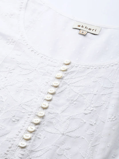 White Anarkali Dobby Hand-Embroidered Kurta
