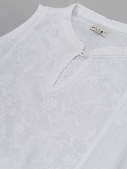 White Cotton Chikankari Kurta with Mandarin Collar