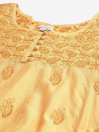 Mustard Pure Chanderi Silk Chikankari Kurta