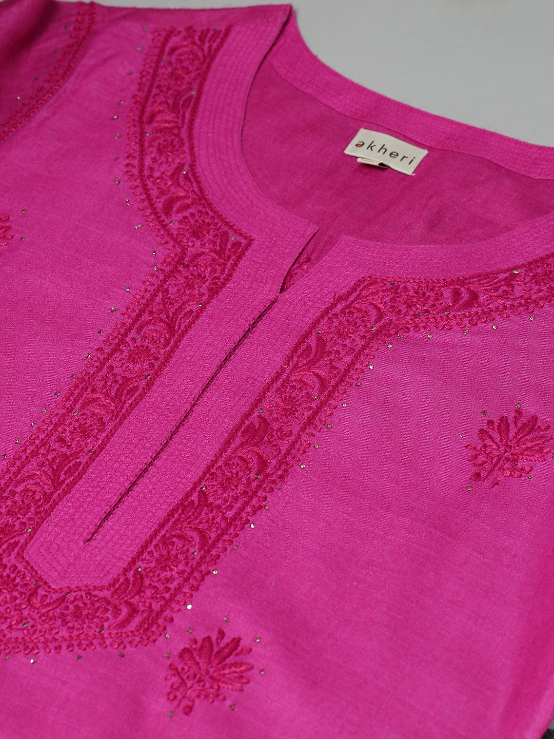 Magenta Pure Silk Kurta with Embroidered Neckline