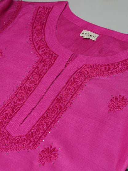 Magenta Pure Silk Kurta with Embroidered Neckline