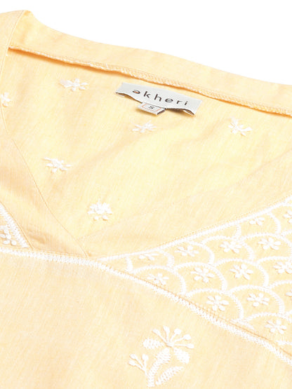 Yellow V-neck Chikankari Kurta