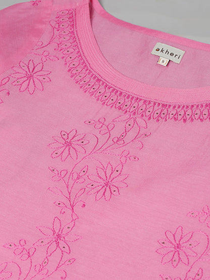 Pink Silk Chikankari Boat Neck Kurta
