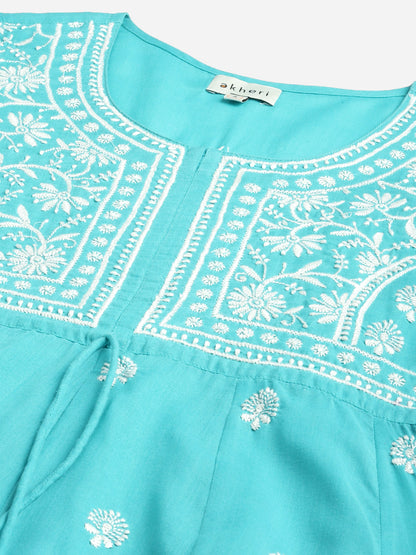 Blue Chikankari A-line Kurta with Waist Tie-Ups