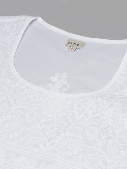 White Pot Neck Embroidered Kurta
