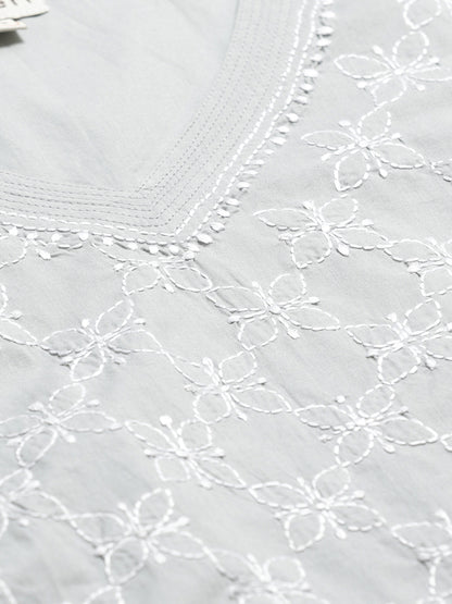 Grey V-Neck Embroidered Sleeveless Top