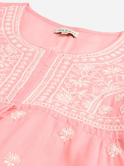 Pink Chikankari Flared Kurta with Waist Tie-Ups