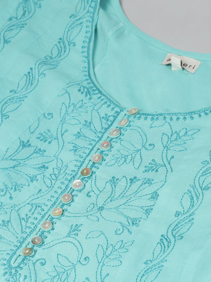 Turquoise A-Line Chikankari Kurta