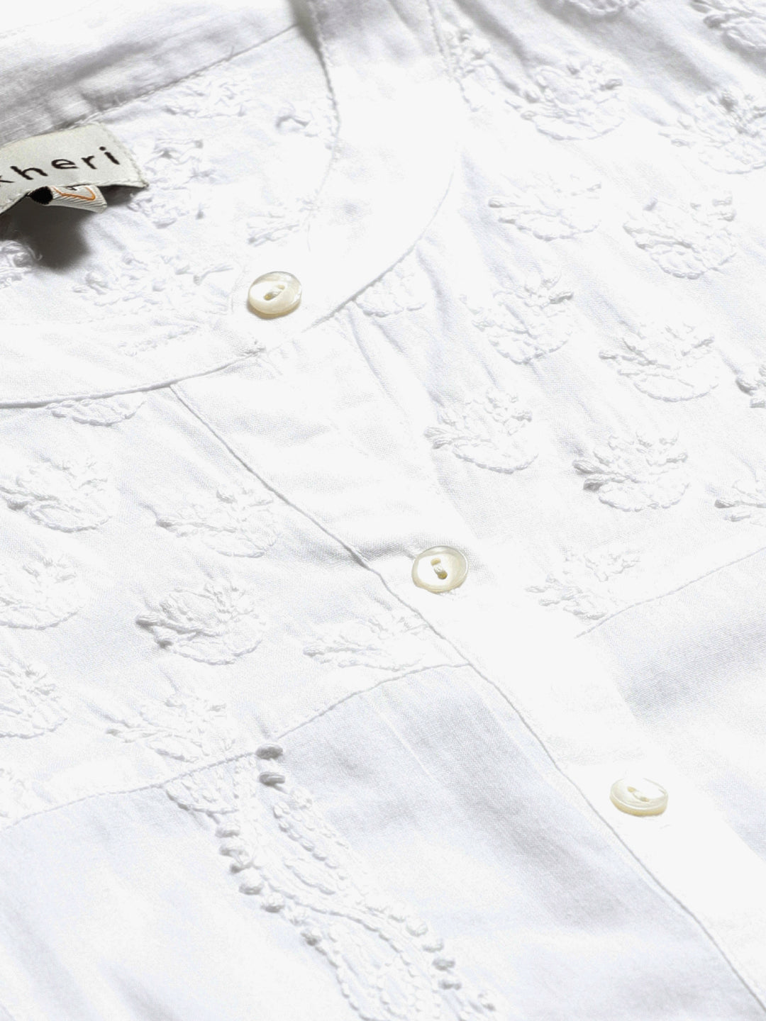 White Chikankari Embroidered Detail Casual Shirt