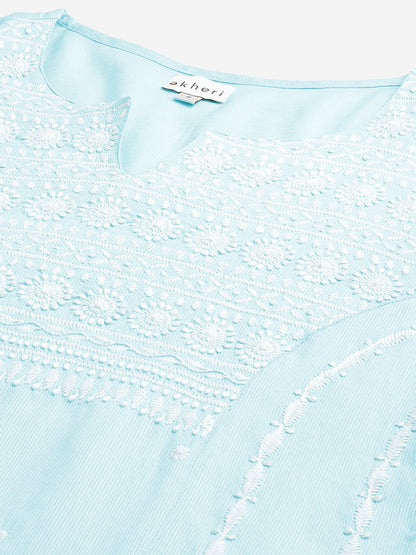 Sky Blue Self-Striped Chikankari Kurta