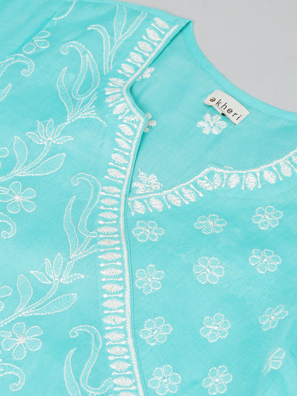 Turquoise Chikankari Embroidered Angarkha