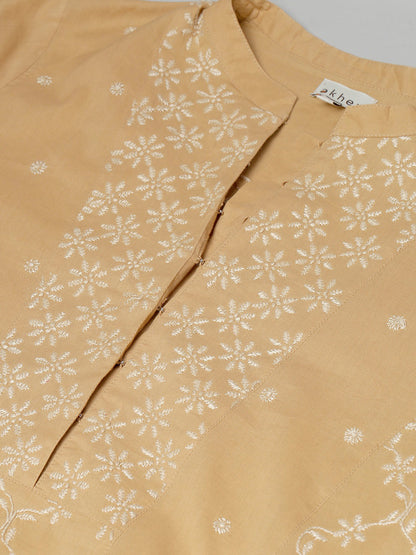 Beige and White A-Line Chikankari Kurta