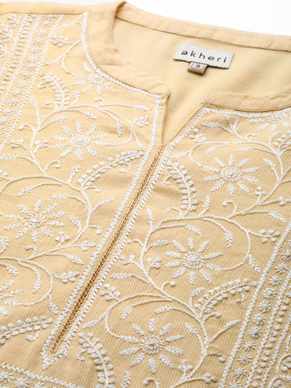 Yellow Self-Striped Kurta with Embroidered Yoke