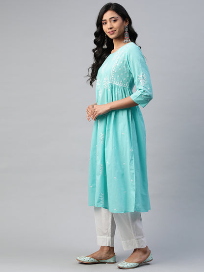 Sky Blue Long Kurta with Gathers