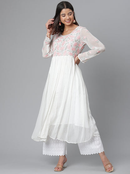 White Georgette Hand-Embroidered Flared Kurta