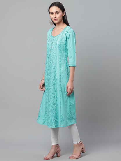 Turquoise A-Line Chikankari Kurta