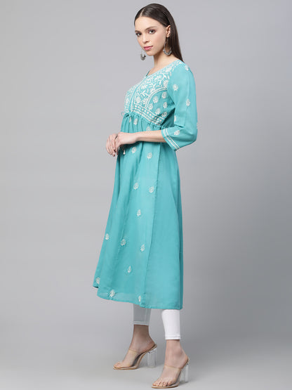 Blue Chikankari A-line Kurta with Waist Tie-Ups