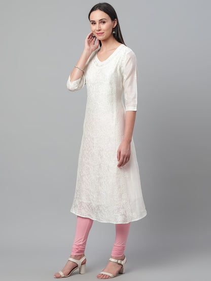 Off-White Chikankari Silk A-Line Kurta