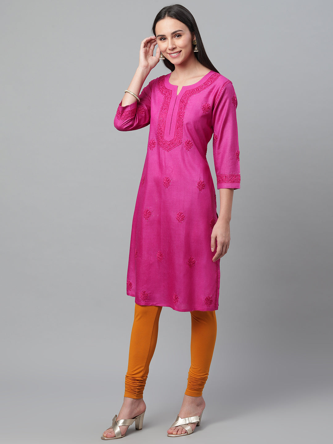 Magenta Pure Silk Kurta with Embroidered Neckline