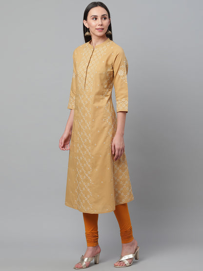Beige and White A-Line Chikankari Kurta