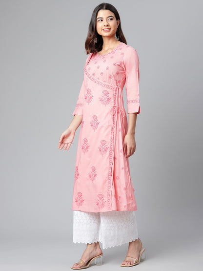 164 Pink Chikankari Angarkha with Tie-ups