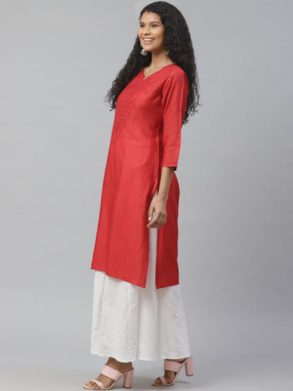 Red Silk Chikankari Kurta
