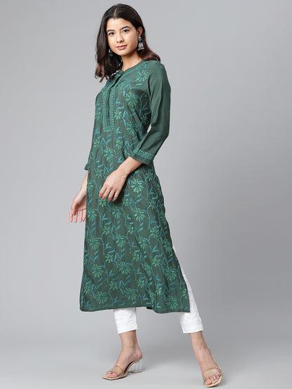 Bottle Green Embroidered Poly Silk Kurta