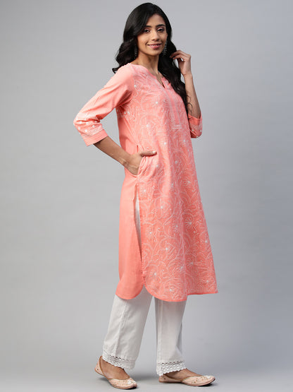 Peach Round Hem Kurta with All-Over Embroidery