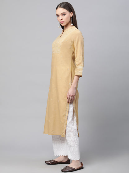 Beige Cotton Chikankari Straight Kurta