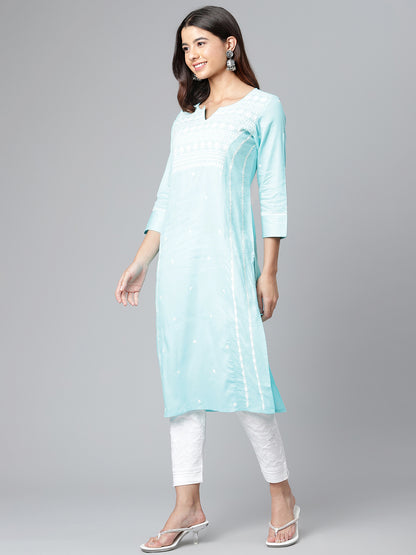 Sky Blue Self-Striped Chikankari Kurta