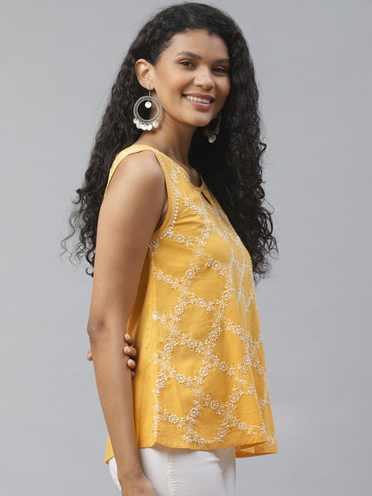 Yellow Sleeveless Chikankari A-Line Top