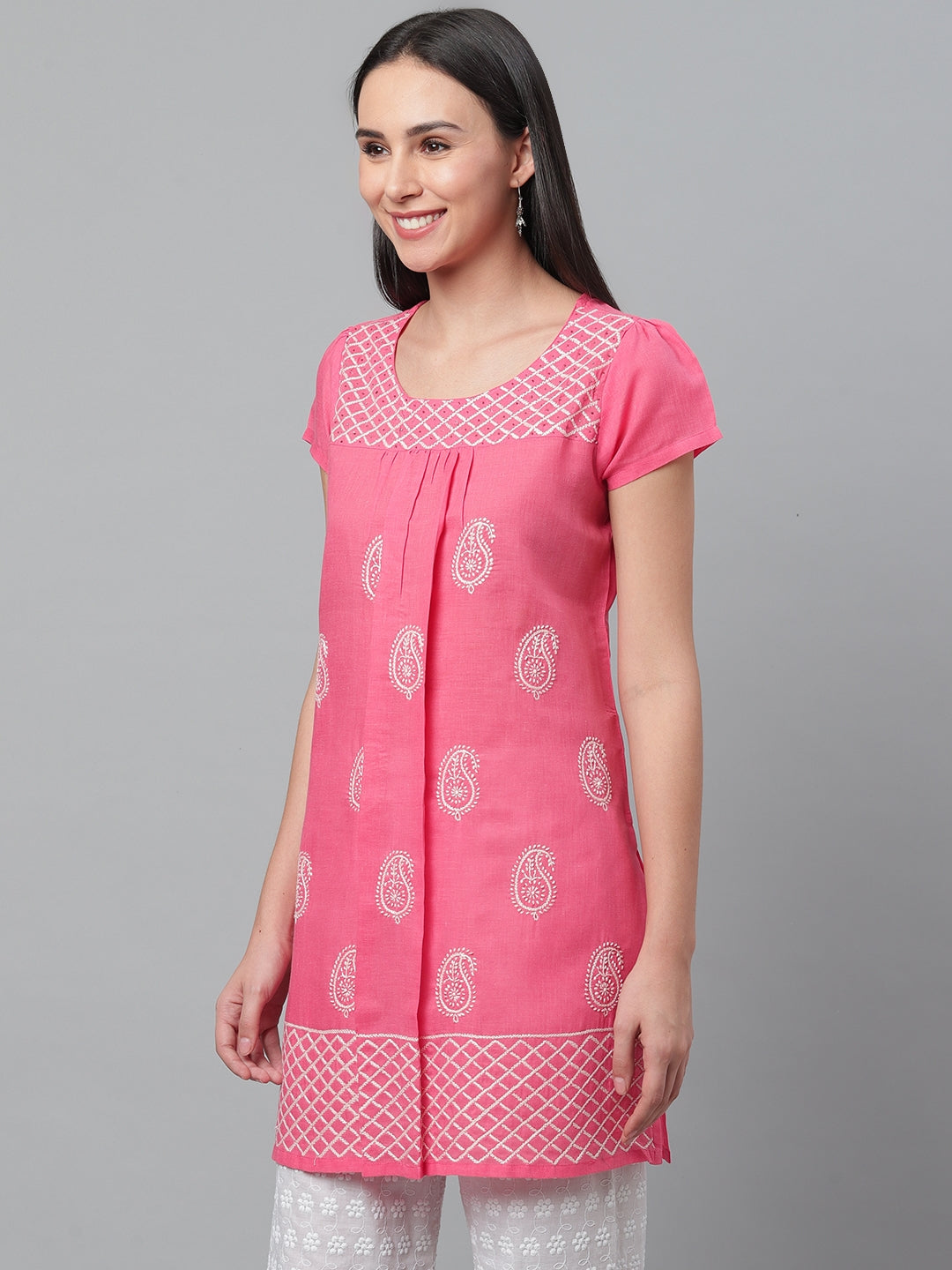 Pink Cotton Embroidered Short Kurta