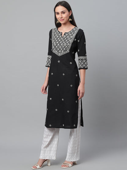 Black & White Embroidered Straight Kurta
